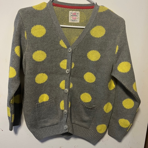 Gray and Yellow Polka Dot Cardigan with Black Pants - Picture 2 of 6